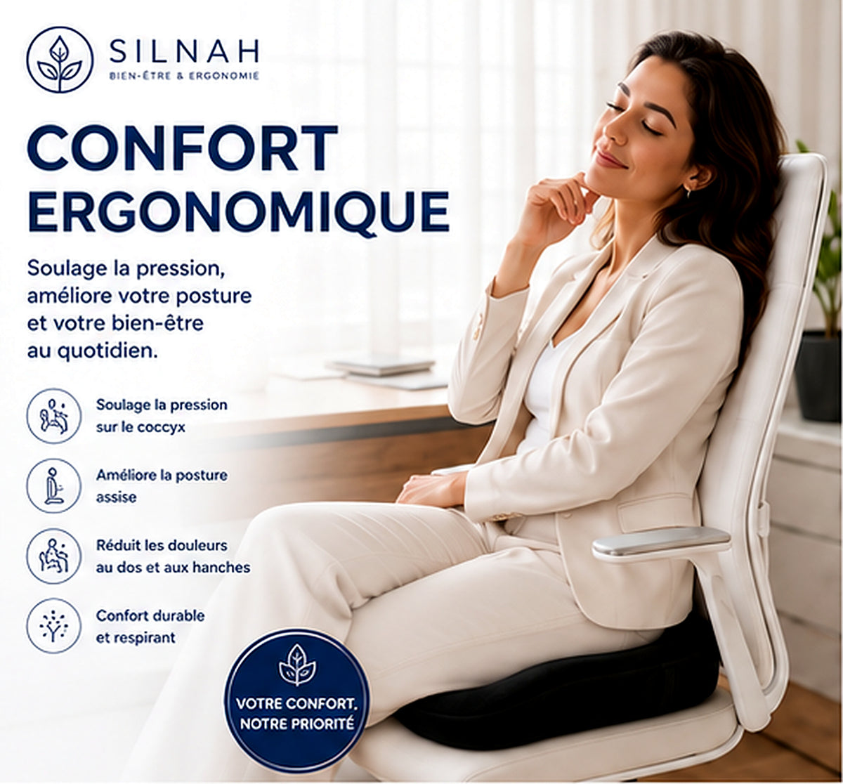 Coussin d'assise ergonomique Silnah en mousse à mémoire de forme — photo d'ambiance