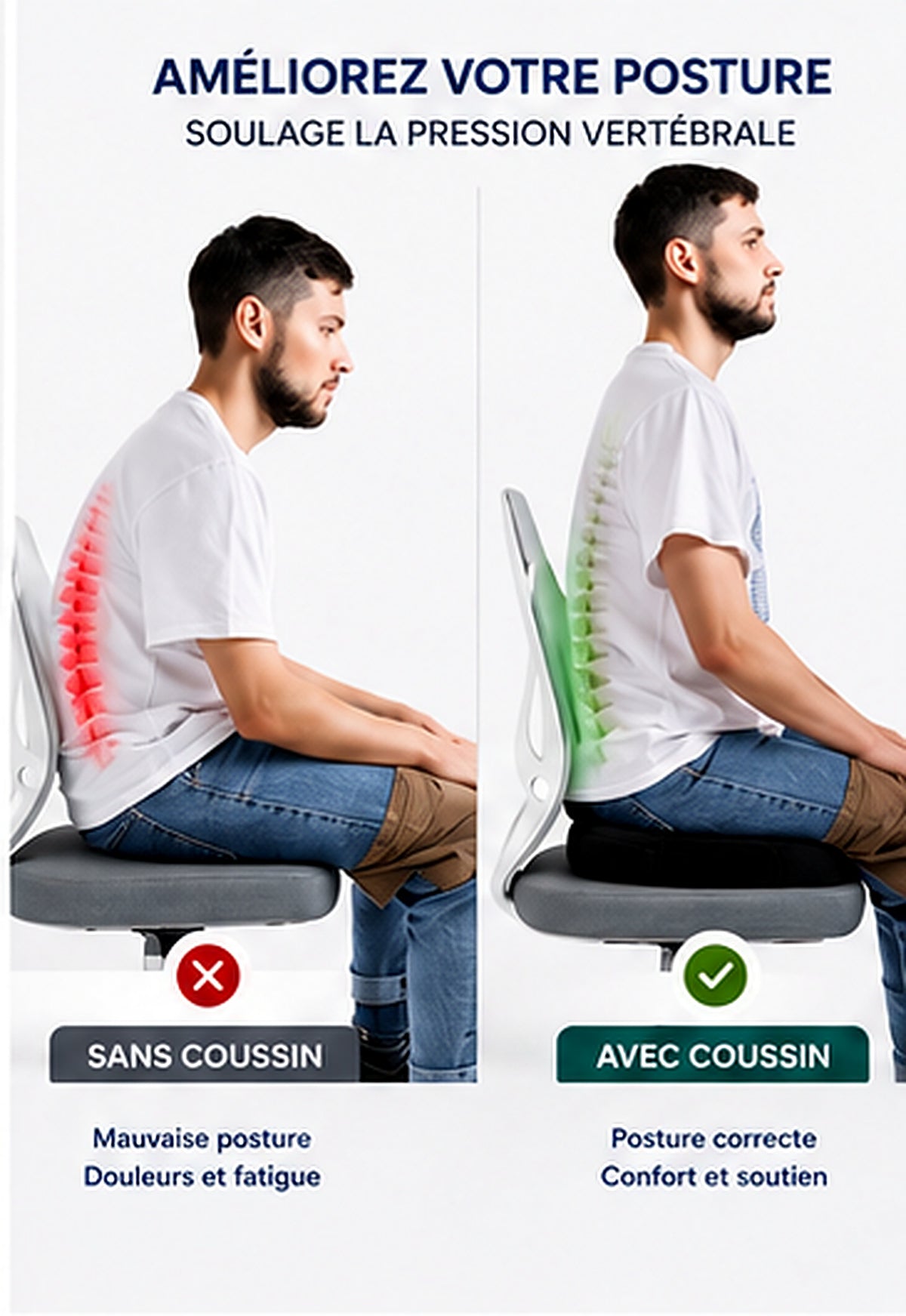Posture assise avec le coussin d'assise ergonomique : découpe en U qui libère le coccyx