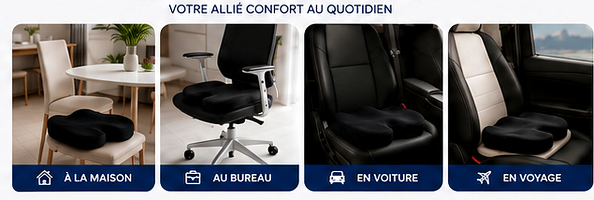 Le coussin d'assise ergonomique s'utilise sur tous les sièges : bureau, voiture, fauteuil
